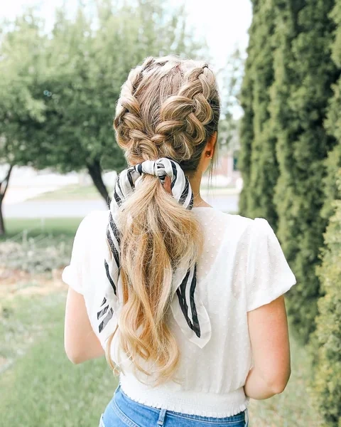 Double Dutch Braids into Scarf Ponytail