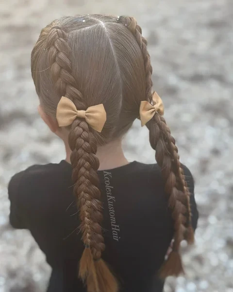 Double French Braid Pigtails with Tan Bows