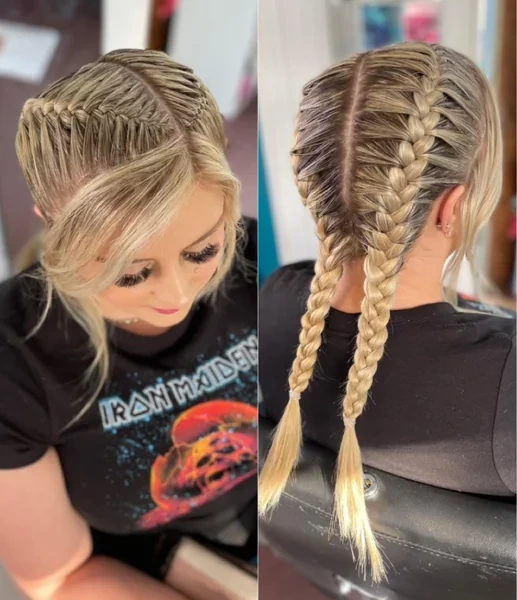 Double French Braids Front and Back View
