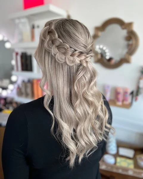 Dutch Crown Braid Half Up on Blonde Hair