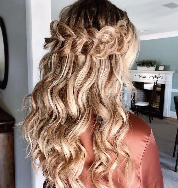 Dutch Crown Braid Half Up with Wavy Curls