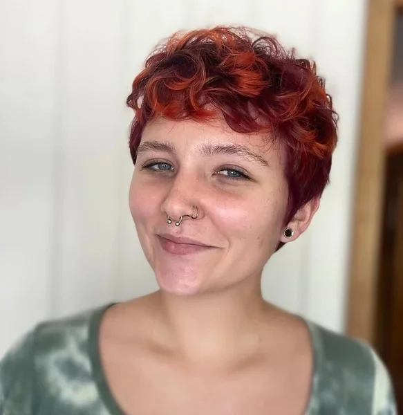 Fiery Copper Curly Pixie with Soft Micro Bangs