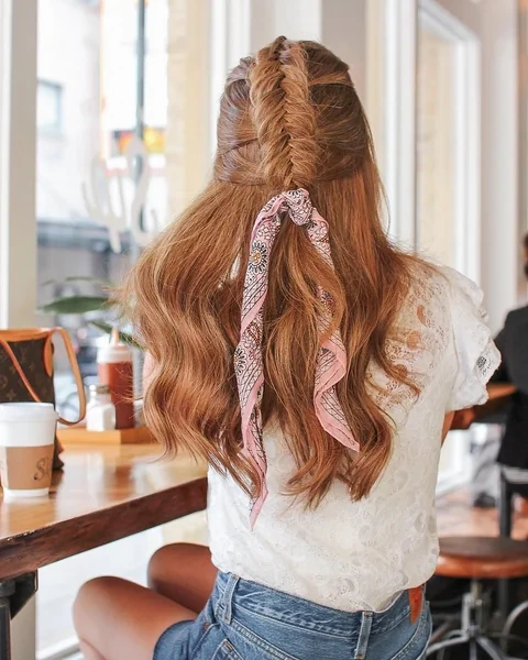 Fishtail Half Up with Pink Bandana Scarf