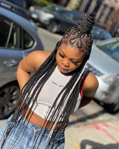 Fulani Braids High Bun Updo with Freestyle Cornrow Pattern
