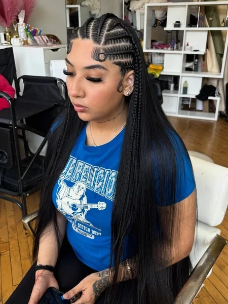 Fulani Braids with Blue Peekaboo Color and Straight Sew In