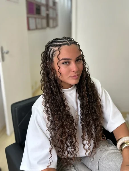 Fulani Braids with Brown Boho Curls and Half Up Style