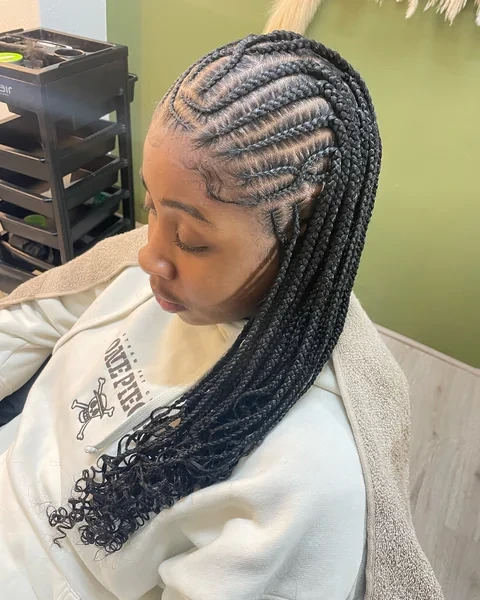Fulani Braids with Curly Ends and Side Part