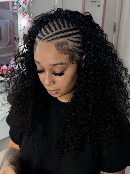 Fulani Braids with Natural Curly Hair and Side Cornrow Design
