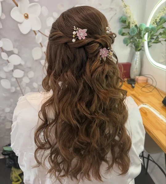 Half Up Twist with Pink Flower Pins