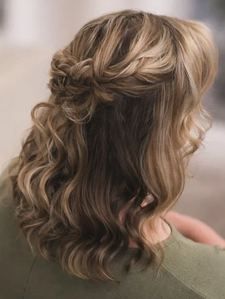 Half Up Twisted Braid Crown with Curly Hair Down