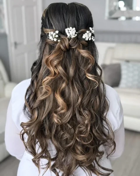 Half Up with Babys Breath and Long Curls