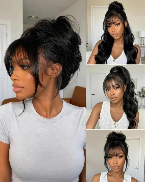High Bun with Bangs 4 Style Collage