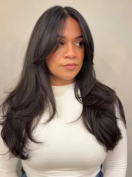 Layered Hair with Side Swept Bangs