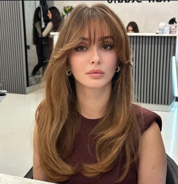 Long Auburn Hair with Side Swept Bangs