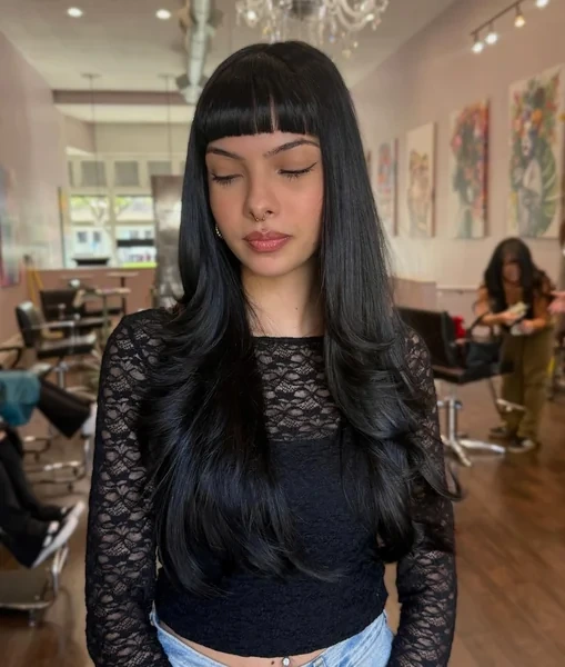 Long Black Hair with Blunt Micro Bangs