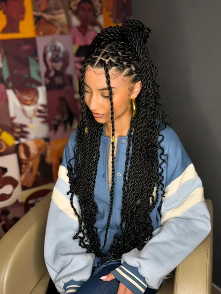 Long Black Knotless Twists Half Up Bun