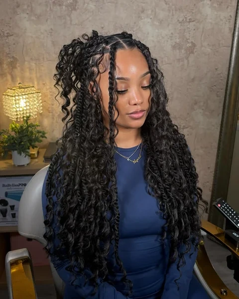 Long Black Passion Twists with Wavy Curly Ends