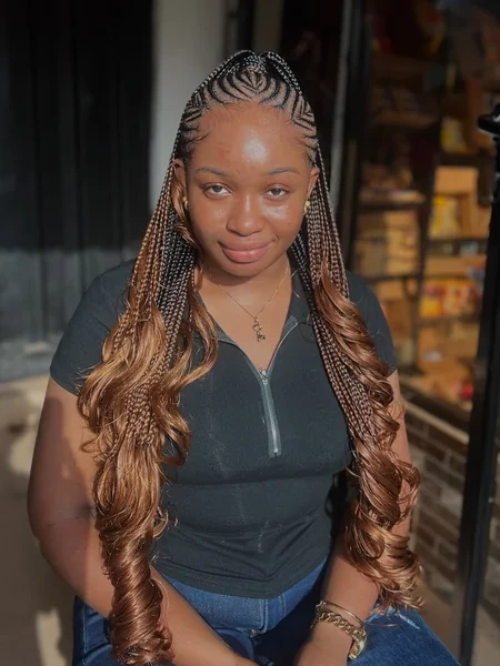 Long Black to Caramel Knotless Braids with Curly Ends