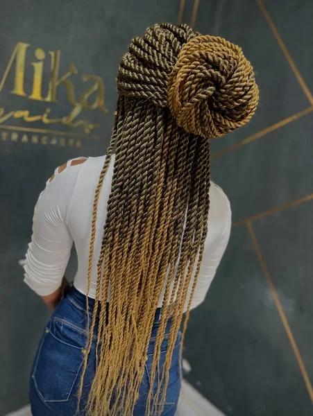 Long Brown Caramel Senegalese Twists Half Up Bun Back View