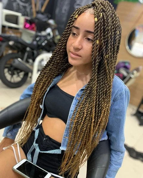 Long Brown Senegalese Twists with Gold Beads