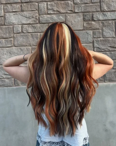 Long Calico Hair with Dark Red Blonde Waves