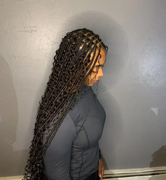 Long Dark Brown Knotless Braids with Curly Ends Side Profile