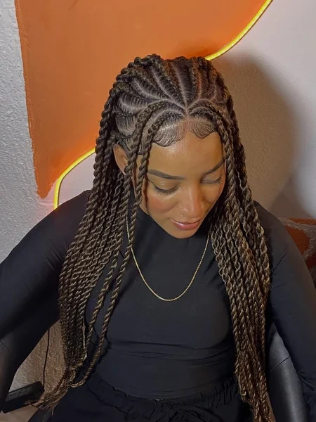Long Dark Brown Twists with Cornrow Top