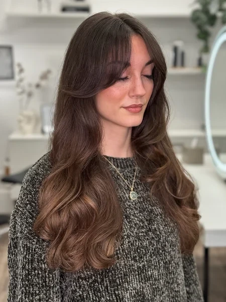 Long Dark Wavy Curtain Bangs