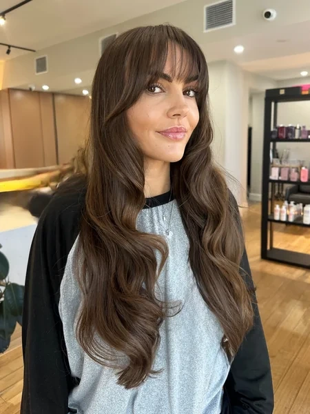 Long Dark Wavy Hair with Soft Curtain Bangs