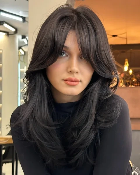 Long Hair with Thick Side Swept Bangs
