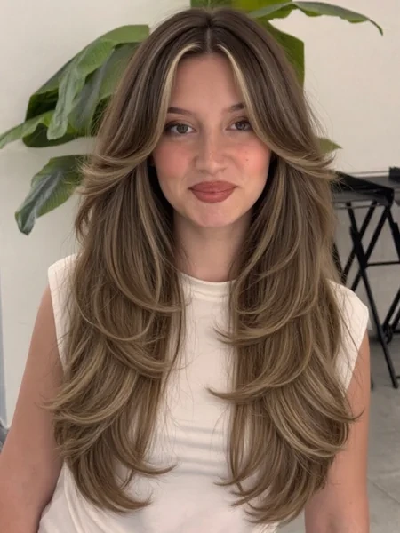 Long Layered Hair with Highlighted Curtain Bangs