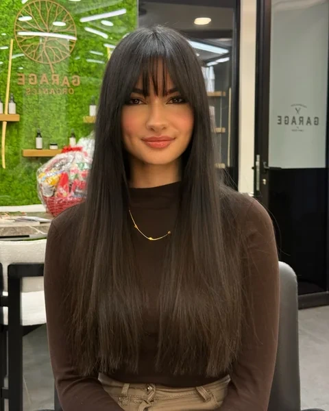 Long Straight Dark Hair with Blunt Full Bangs