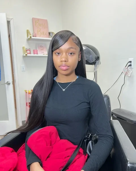 Long Straight Quick Weave with Side Swept Bang