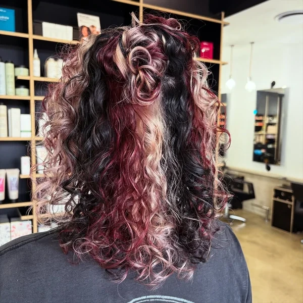 Medium Curly Calico Hair with Black Magenta and Blonde