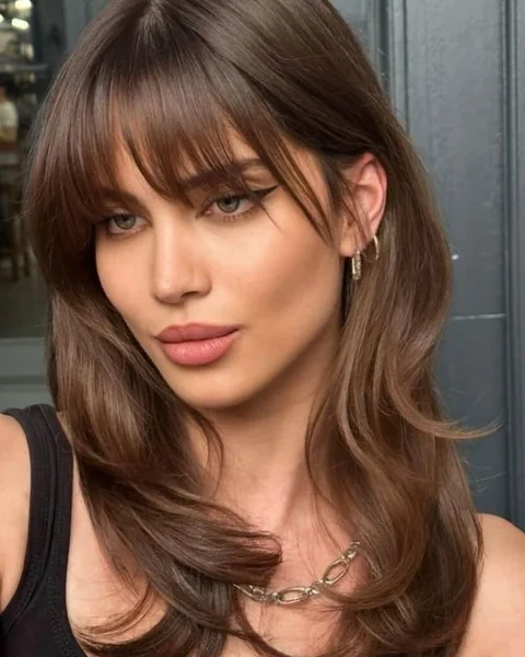 Medium Long Brunette Wavy Hair with Soft Curtain Bangs