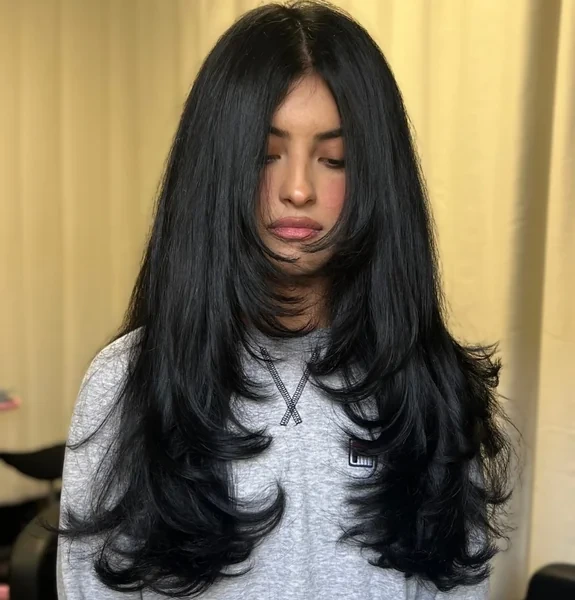 Middle Part Long Black Curtain Layers