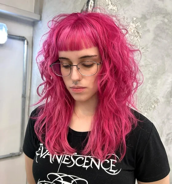 Pink Curly Shag with Blunt Bangs