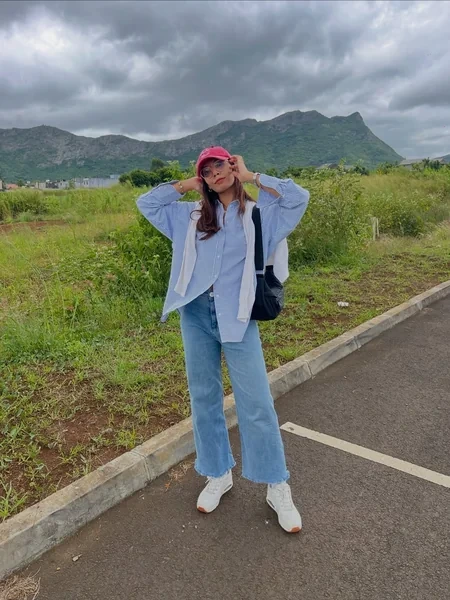 Red Baseball Cap with Loose Straight Hair
