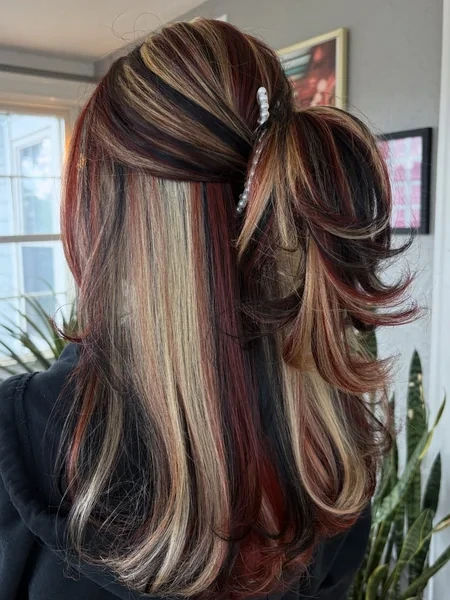 Red Blonde Calico Hair Half Up with Pearl Clip
