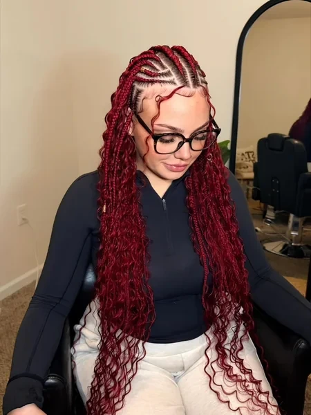Red Burgundy Fulani Braids with Boho Curls and Middle Part