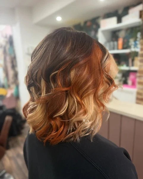 Short Calico Hair on Curly Bob with Copper Blonde