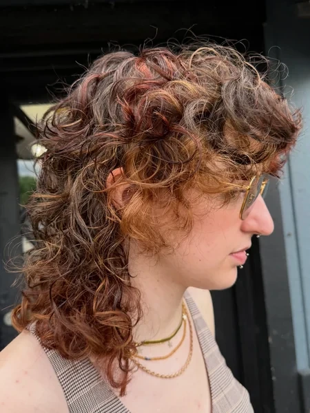 Short Curly Calico Mullet with Brown Red and Blonde