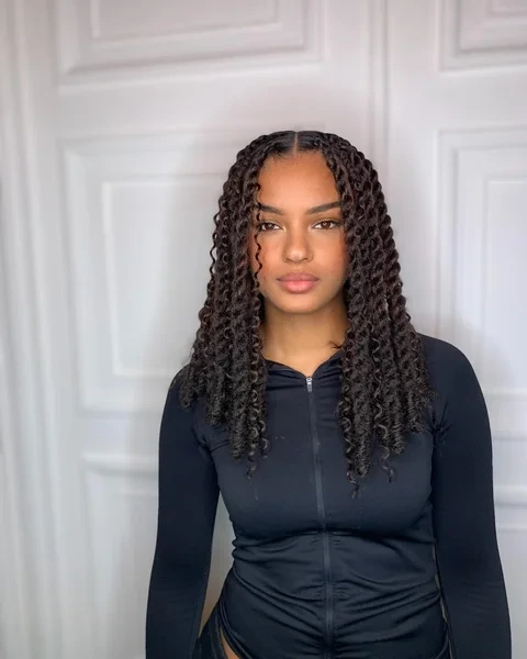 Shoulder Length Black Passion Twists with Curls