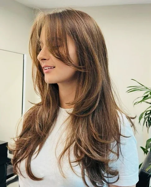 Side Swept Bangs on Layered Brown Hair