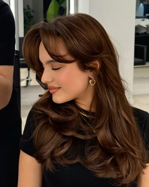 Side Swept Fringe on Long Chestnut Hair