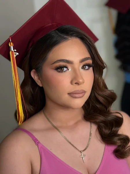 Side Swept Waves Under Maroon Graduation Cap