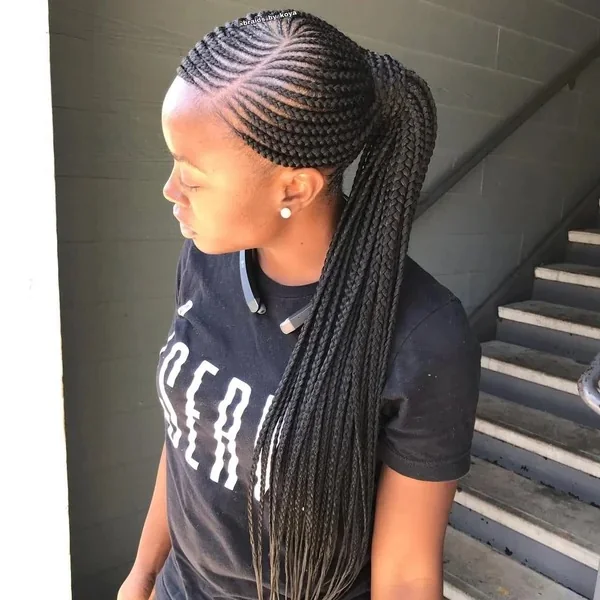 Sleek Feed in Cornrows Into Long Braided Ponytail