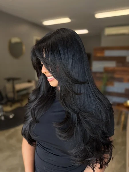 Sleek Long Curtain Bangs Side View