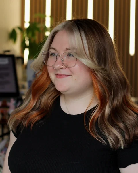 Soft Calico Hair with Blonde Face Frame Copper Peekaboo