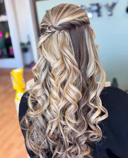 Twisted Half Up on Long Highlighted Hair